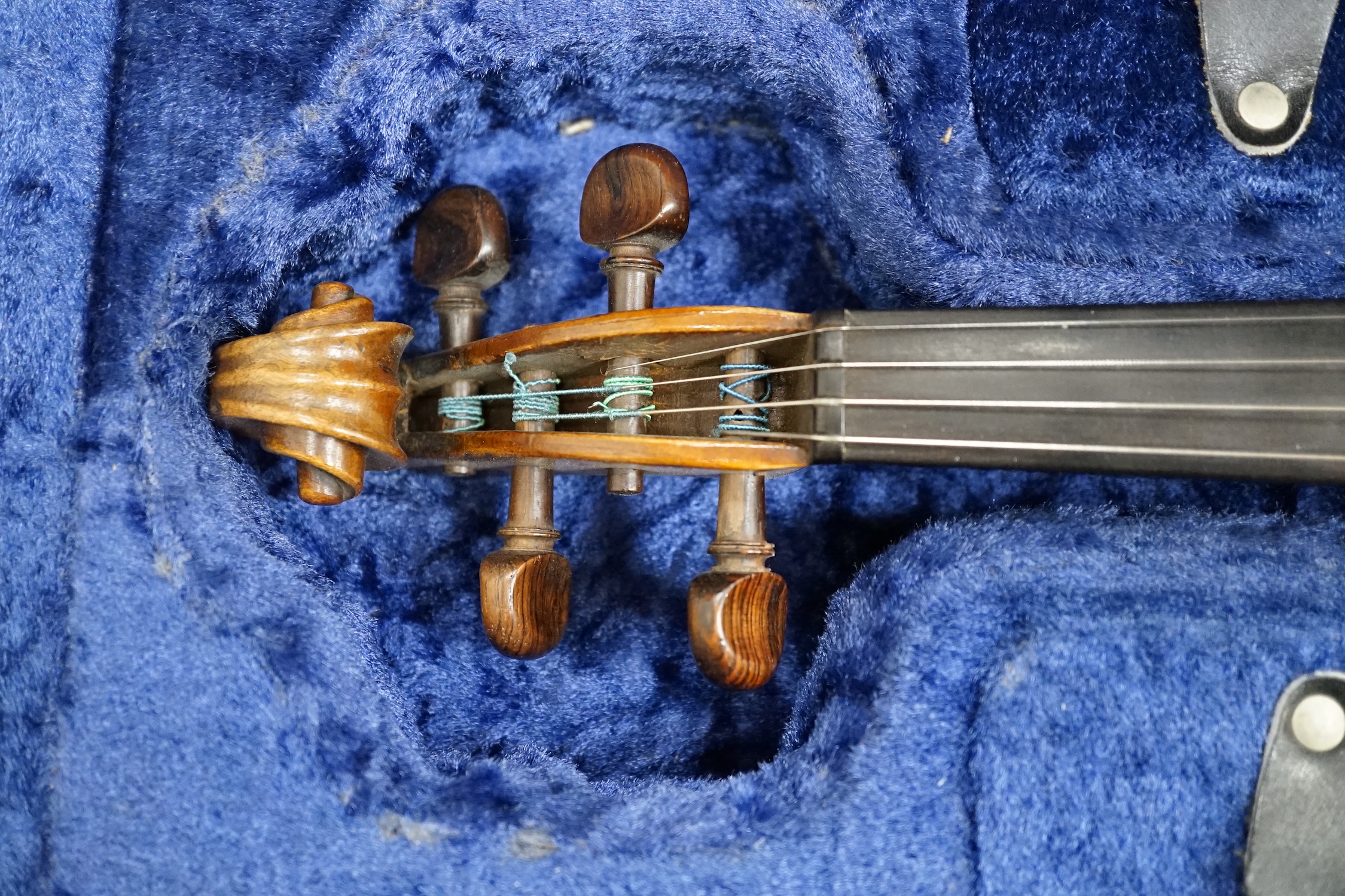 A cased 1830s violin by Didier Nicolas L'aine, branded inside the body, body length 36cm, with two bows, one bow stamped Louis Bazin CITES Submission references 7WRVMZ9B and F37GW7ZR